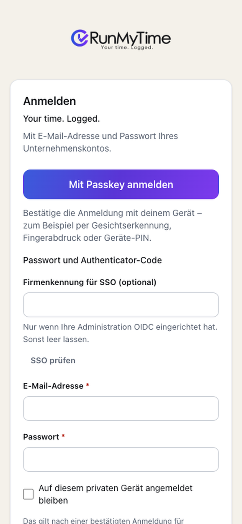 Anmeldeseite mit Passkey und Passwort. Beispieldaten.