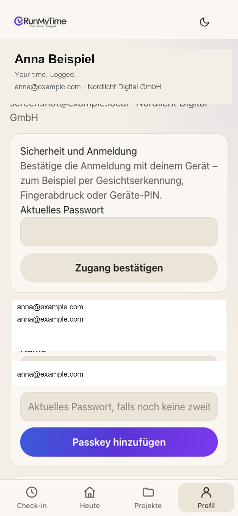 Profil mit Passkeys und Sicherheitseinstellungen. Beispieldaten.