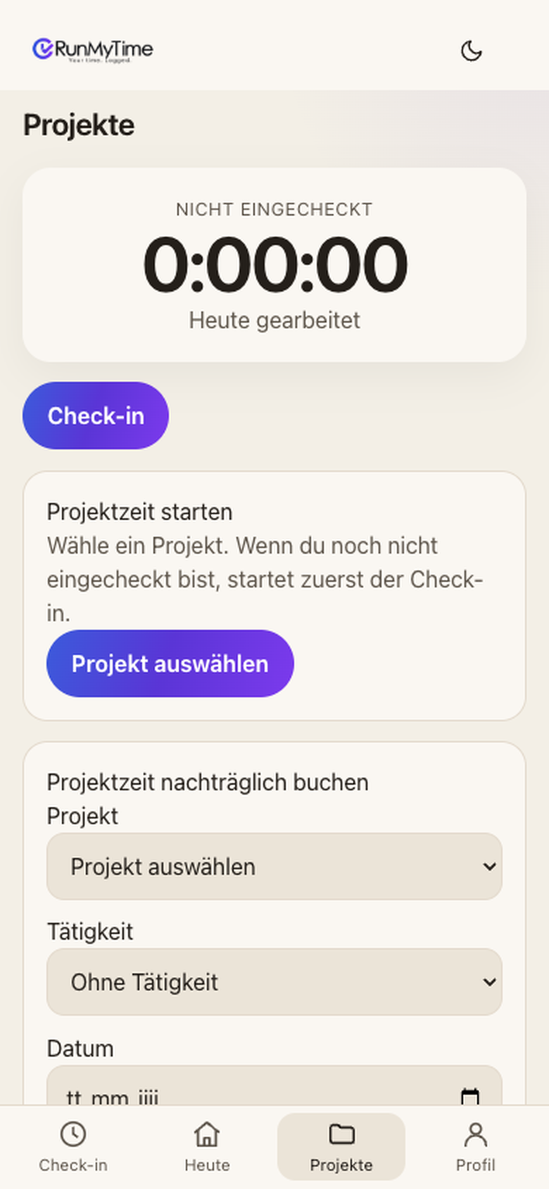 Projektauswahl und Buchung in der mobilen Ansicht. Beispieldaten.