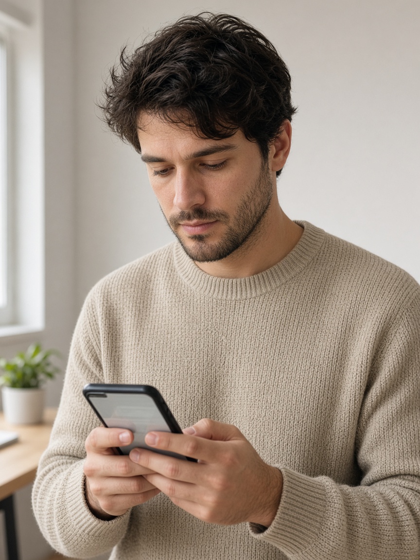 Person schaut auf ein Smartphone. Die abgebildete Person ist nicht als Mitarbeiterin oder Kundin gekennzeichnet.