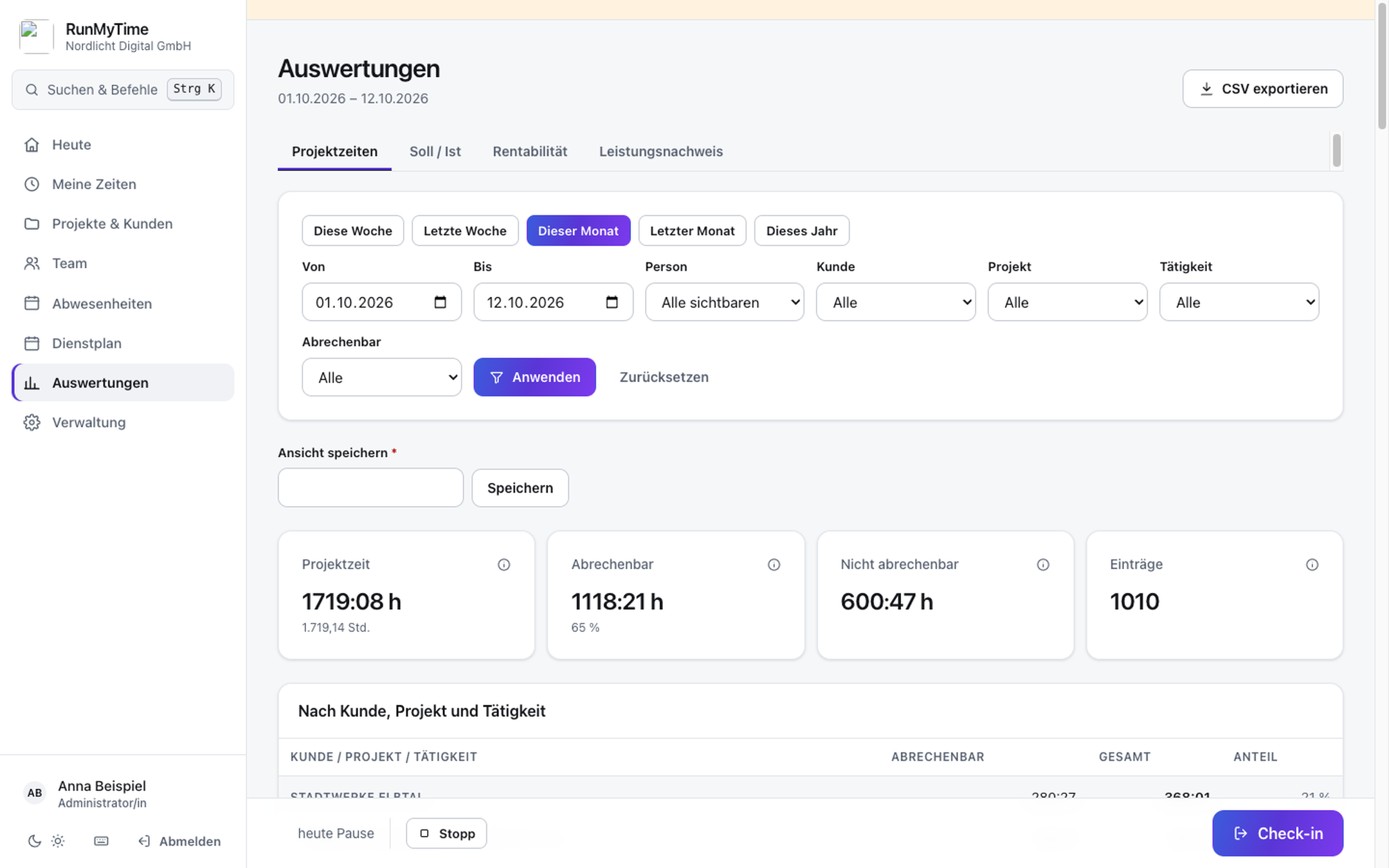 Auswertung der Projektzeiten in RunMyTime mit Zeitraum und Summen.