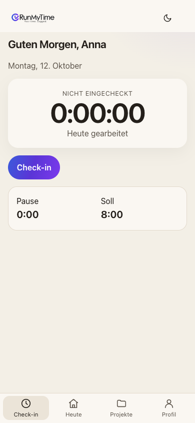 Mobile Check-in-Ansicht von RunMyTime. Beispieldaten.